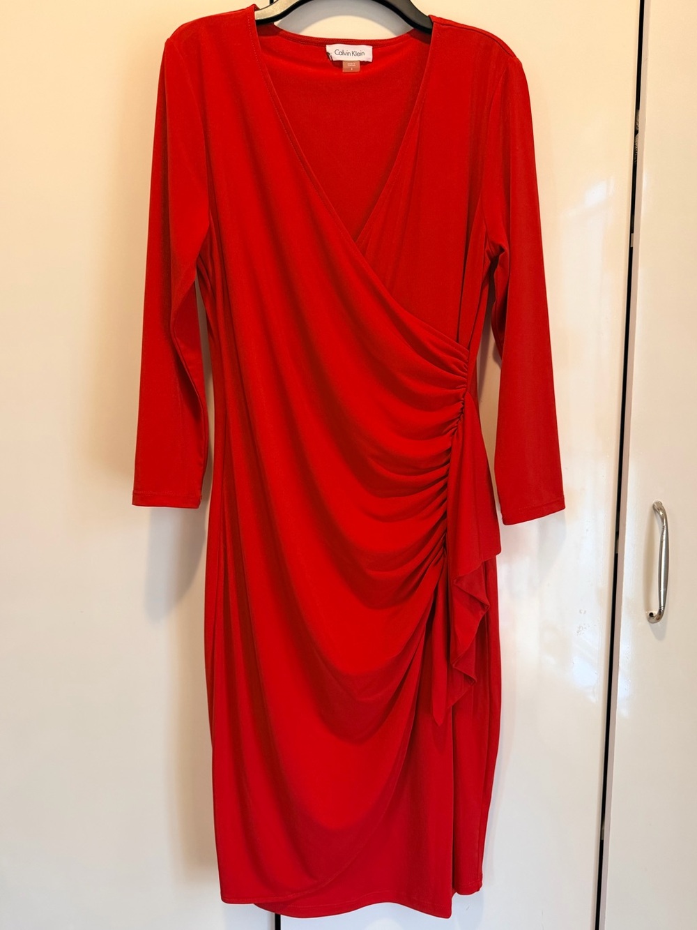 Calvin Klein Red Gathered-Side Faux-Wrap Long Sleeve Dress